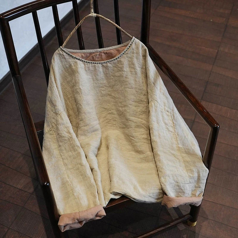 100% Linen Women Long Sleeve T-shirts New 2026 Spring Vintage Style O-neck Solid Color Loose Female Casual Tops Tees M2339