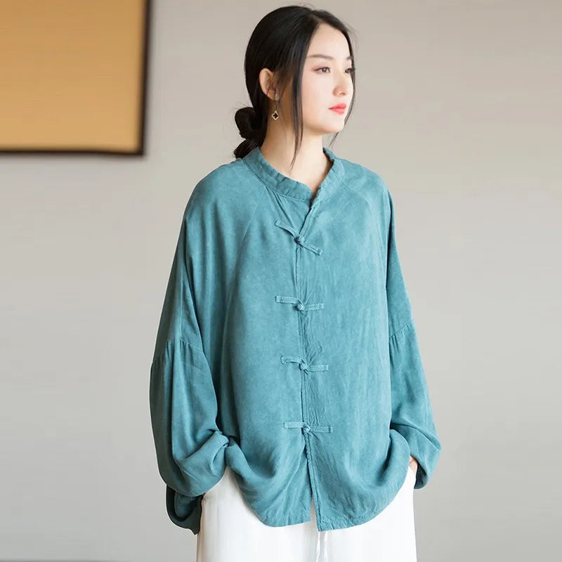 Chinese Style Women Long Sleeve Casual Shirt New Arrival 2024 Autumn Vintage Stand Collar Loose Female Basics Tops Shirts M249