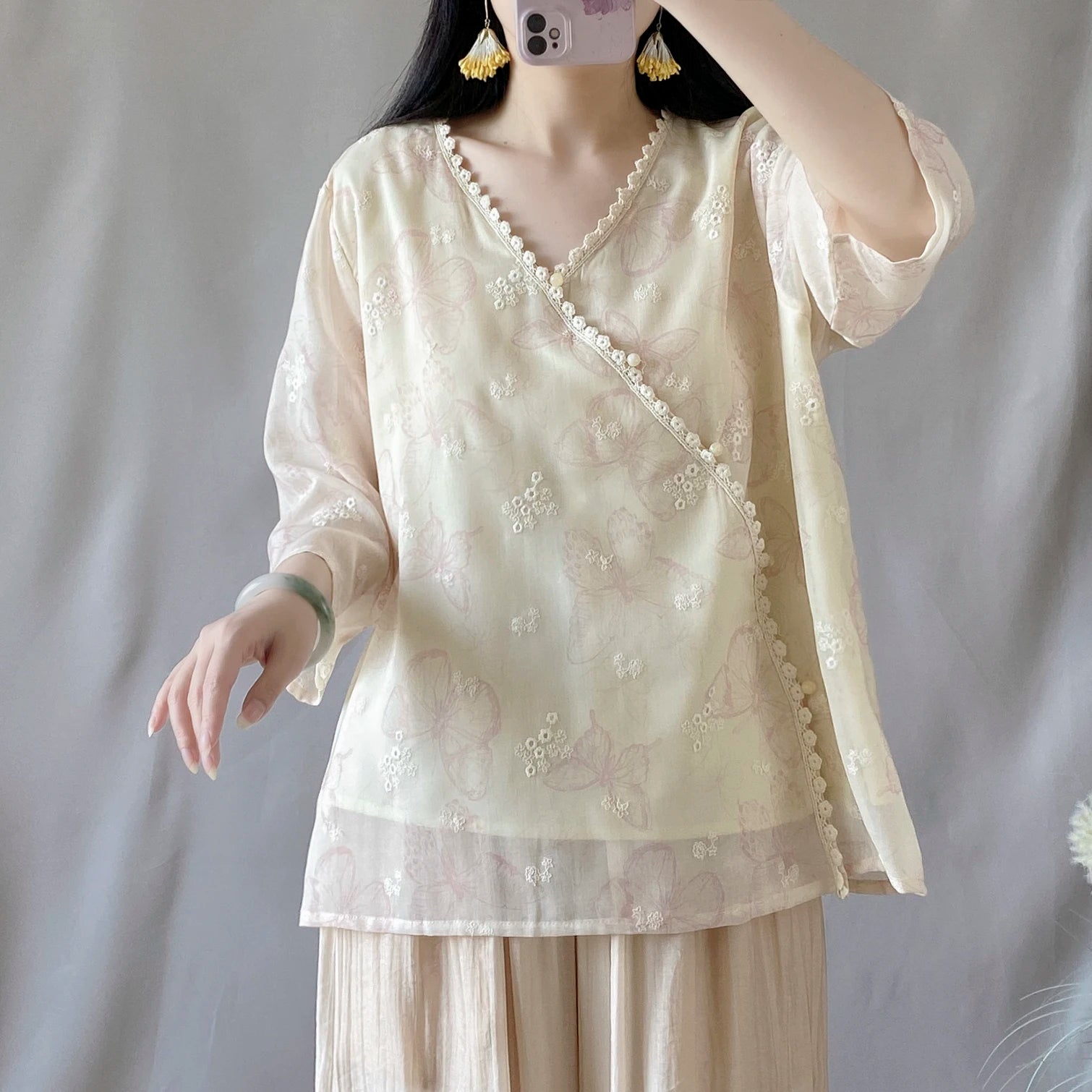 Chinese Zen Style Blouse Women Summer Tencel Linen Blend Loose Fit Double Layer V Neck Pearl Buttons Fashion Top KK634