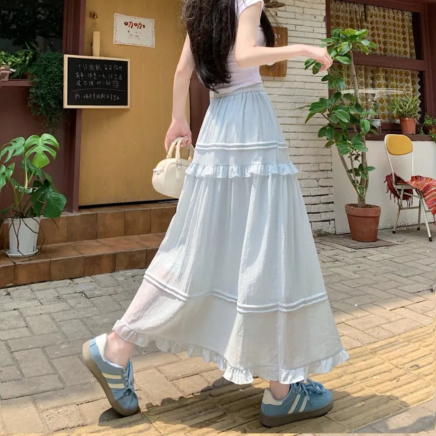Qiukichonson Pink Summer Skirts Women Goth Cute Frilly Stitching High Waisted A-Line Ruffle Long Midi Chiffon Skirt White Black