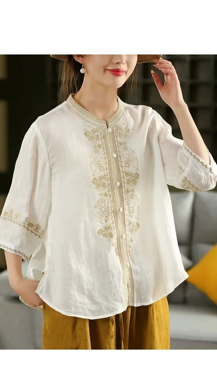 100% Linen Women Casual Shirt New 2025 Summer Vintage Style Stand Collar Floral Embroidery Loose Female Tops Shirts M1593