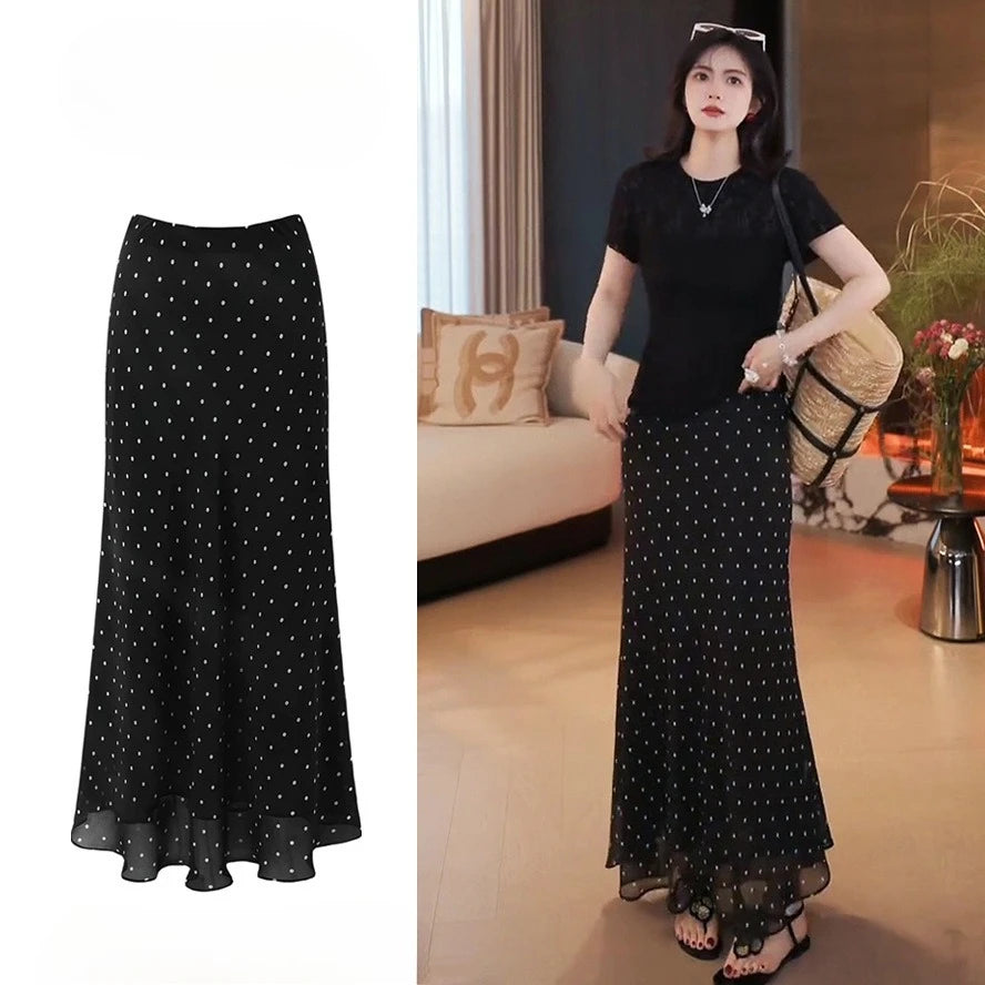 Polka Dot Fishtail Skirt Women's Half Skirt New Summer Mid-length Vintage Bodycon High Waist Chiffon Maxi Skirt Sexy Mujer Black