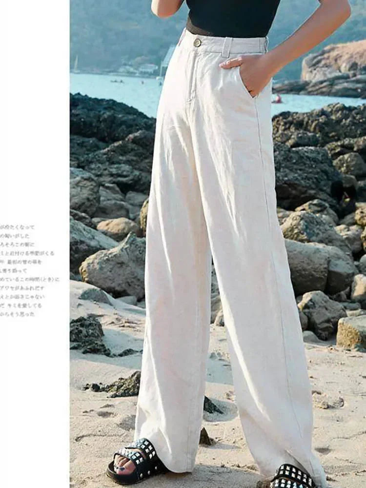 Summer Women's Pants Cotton Linen Wide Leg Pants Full Length Casual Solid White Loose High Waist Straight Trousers Women
