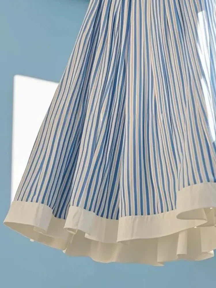 Casual Striped A Line Skirt Women Summer 2025 High Waist Pleated Midi Skirt Slim Fit Korean Chic Office Casual Fashion Outfit