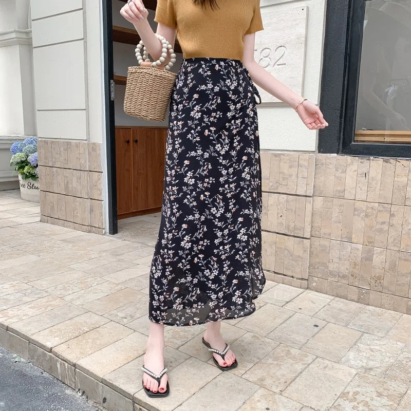 n Sle Midi Skirt Women's Vaion Ethnic Red Floral Print Chiffon Wrap around f Length Skirt Bodycon Sle