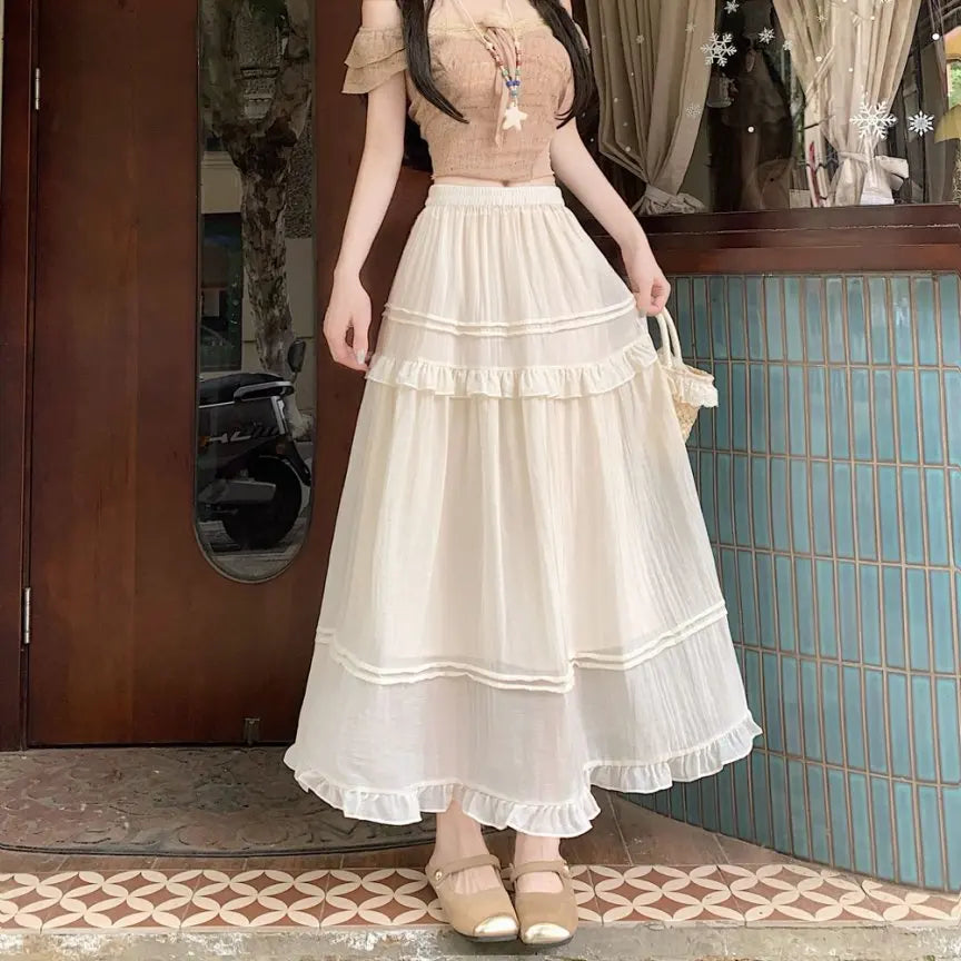 Qiukichonson Pink Summer Skirts Women Goth Cute Frilly Stitching High Waisted A-Line Ruffle Long Midi Chiffon Skirt White Black