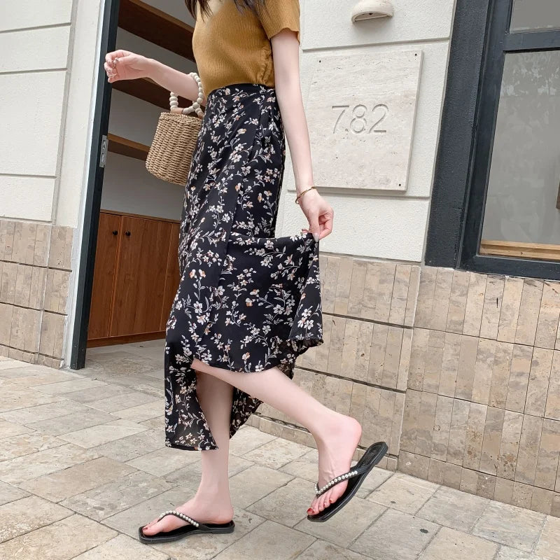 n Sle Midi Skirt Women's Vaion Ethnic Red Floral Print Chiffon Wrap around f Length Skirt Bodycon Sle